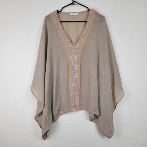 Umgee Plus Khaki Embroidered Poncho V Neck Top